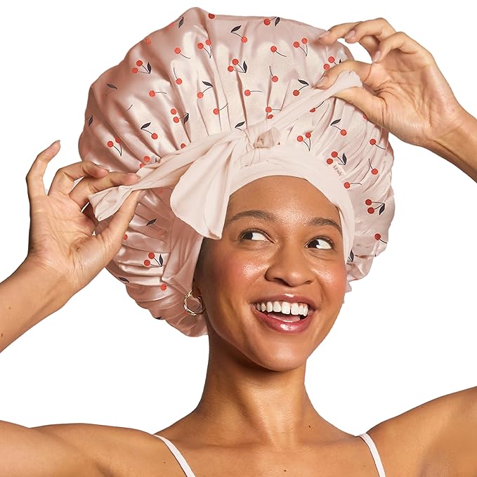 Kitsch XL Satin Bonnet for Sleeping - Softer Than Silk Bonnet For Sleeping Women - Secure Fit, Adjustable, Night Cap For Curly & Textured Hair - Prevents Breakage, Tangles & Thinning - Cherry Print
