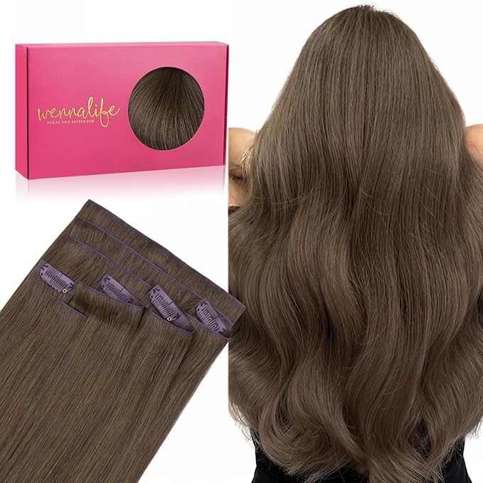 WENNALIFE Invisi Edge Real Human Hair Extensions, 22 Inch 150g 7pcs Light Ash Brown Seamless Clip in Extensions Remy Hair Clip Ins Invisible PU Skin Weft Extensiones De Cabello Hmano