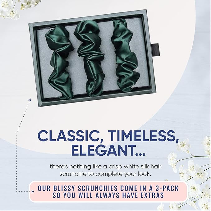 Blissy Silk Scrunchies (3 Pack) - 100% Pure Mulberry 22 Momme 6A High-Grade Fibers Scrunchie for Straight & Curly Hair (Emerald, Regular)