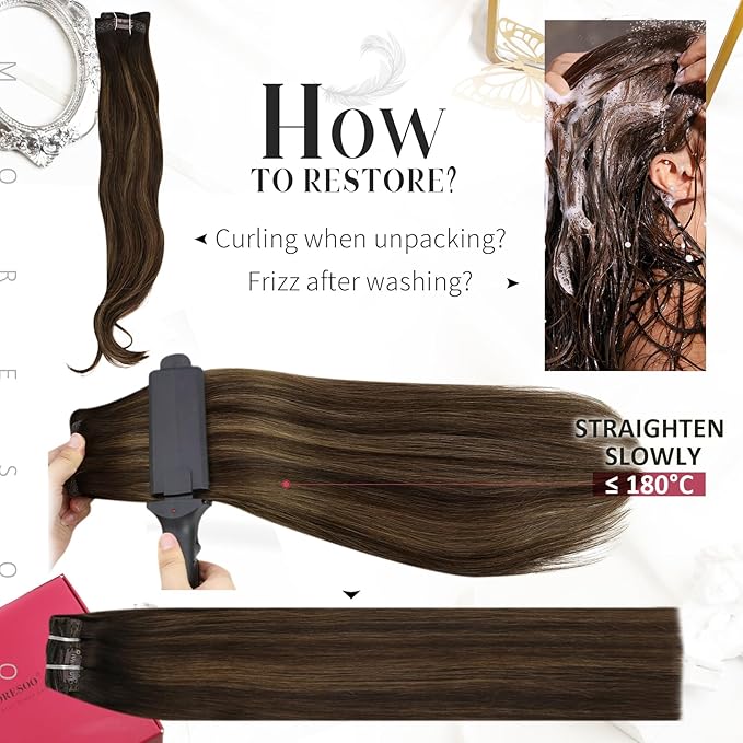 Moresoo Clip in Hair Extensions Real Human Hair Balayage Dark Brown to Chestnut Brown Human Hair Extensions Clip ins Long 16 inch Full Head for Women 120g/7pcs