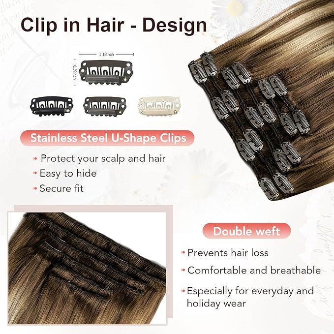 XDhair Clip in Hair Extensions 120g 22 Inch Chocolate Brown to Caramel Blonde Real Human Hair Extensions Balayage Clip in Hair Extensions Double Weft 6pcs (22inch, #4/27/4)