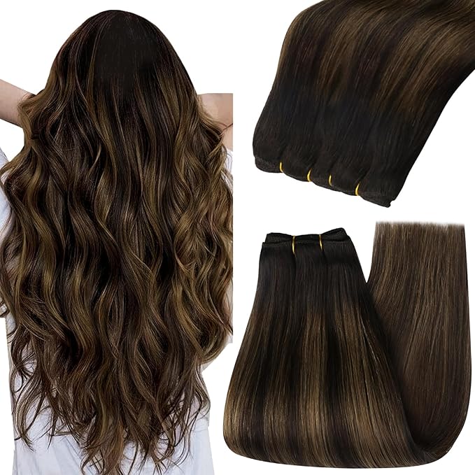 YoungSee Weft Hair Extensions Balayage Sew in Hair Extensions Dark Brown Mix Medium Brown Sew in Hair Extension Real Human Hair Short Straight Hair One Bundle 14In 70G