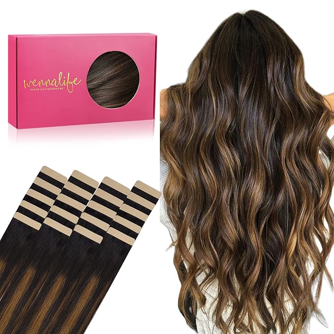 WENNALIFE Tape in Hair Extensions Human Hair, 20pcs 60g 26 inch Balayage Natural Black to Chestnut Brown Remy Hair Extensions Straight Human Hair Tape in Extensions Skin Weft Tape Extensions