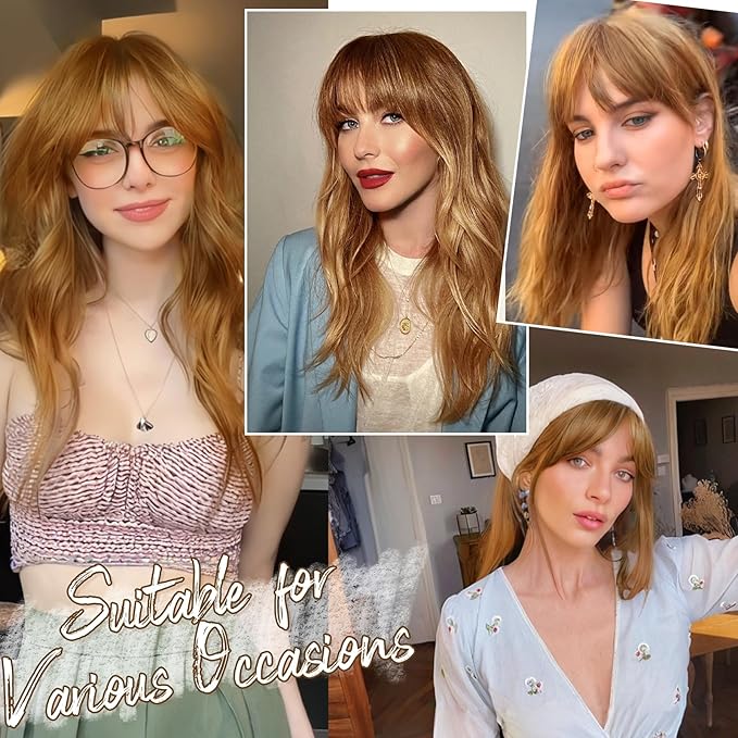 BARSDAR Clip in Bangs Human Hair - Real Human Hair Clip in Bangs for Women - Golden Blonde Wispy Bangs Extensions Fringe with Temples Dyeable Real Hair Bangs Hairpieces - Golden Ginger Blonde