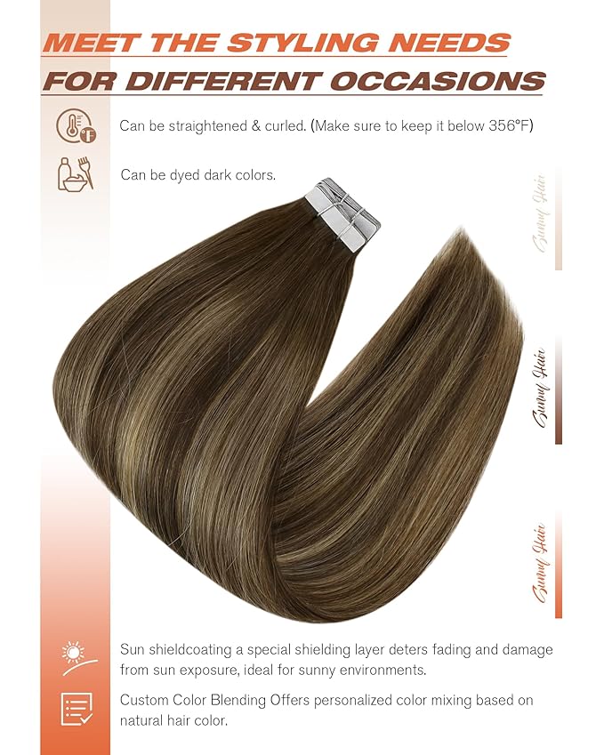 Sunny Hair Tape in Hair Extensions Real Human Hair Invisible Remy Hair Extensions Tape ins for Women Dark Brown Root to Caramel Blonde Balayage 12 inch 20Pcs