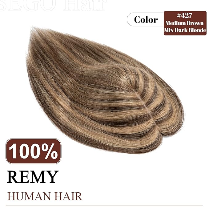 SEGO Real Human Hair Topper for Women, No Bangs Hair Topper with Anti-Slip Clips (18 Inches Medium Brown Mix Dark Blonde)