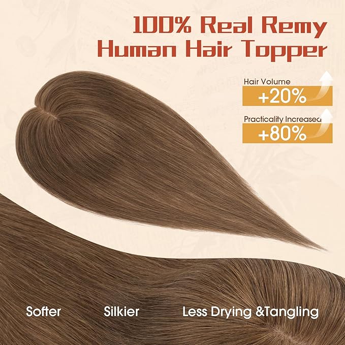 Rich Choices Human Hair Toppers for Women-100% Real Remy Hair Topper No Bang-Upgraded 150% Density 9 * 12CM Lace Base-Clip in Hairs Topper for Thinning Hairs-14Inch #4 Medium Brown