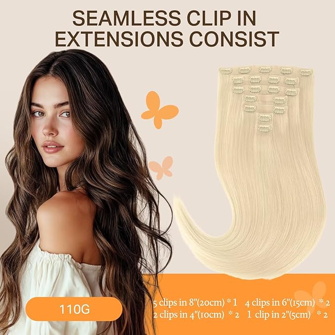 DOORES Seamless Clip-in Hair Extensions, Blonde 16 Inch 7pcs 110g, Remy Clip-in Extensions with Thin Weft Straight Remy, Thick Hair, Invisi Edge