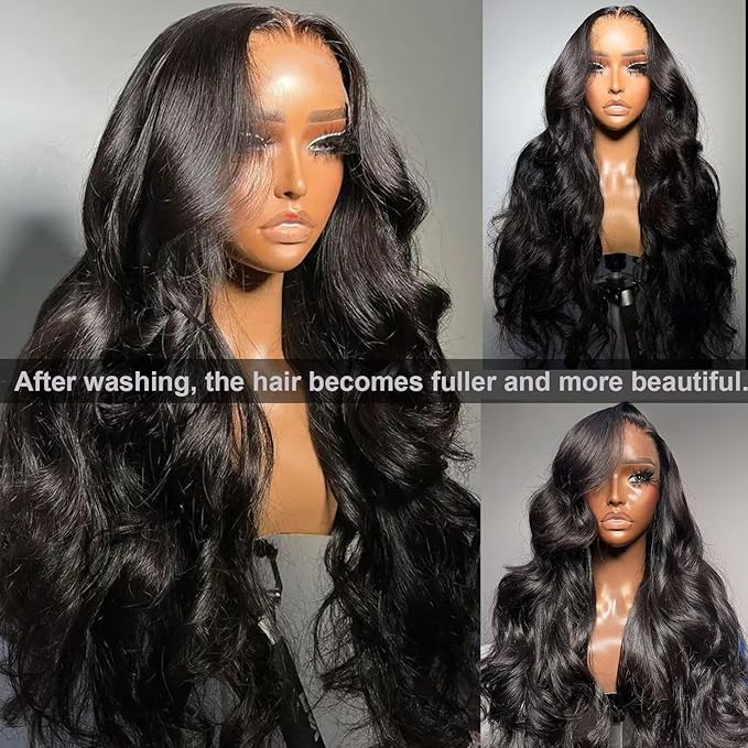 Lemoda Malaysian Body Wave 13x4 Full Lace Frontal Virgin Human Hair Wigs Body Wave HD Transparent Lace Front Wig 28Inch Unprocessed Virgin Human Hair Natural Black