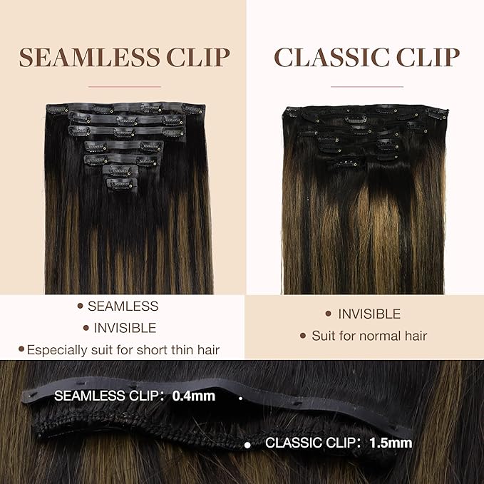 GOO GOO Clip in Hair Extensions Real Human Hair, Remy Human Hair Extensions Clip ins for Women, Natural Human Hair, 18inch 110g 7Pcs, 1B/6/1B Balayage Natural Black to Chestnut Brown
