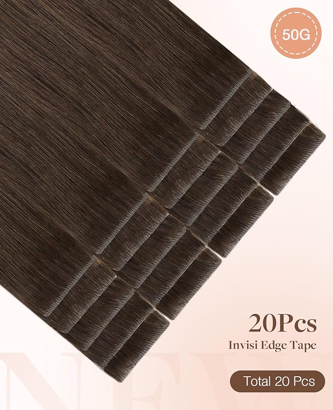 GOO GOO Invisi edge Tape in Hair Extensions Human Hair, 4A Chocolate Brown 20pcs 18inch 50g, Virgin Human Hair Tape ins, Seamless Injected Tape in Hair Extensions