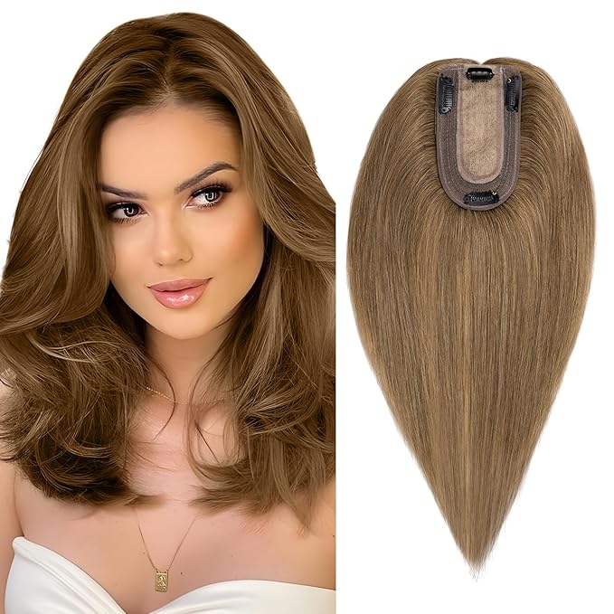 SEGO Real Human Hair Topper for Women, No Bangs Hair Topper with Anti-Slip Clips (8 Inch#6 Light Brown)