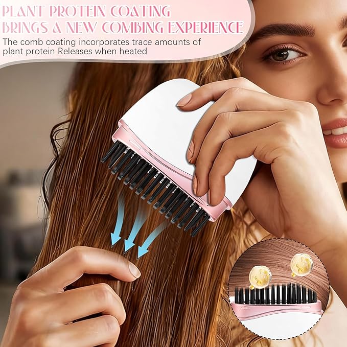 Mini Straightener, Rechargeable Portable Hair Straightener Comb, Fast Heating Hot Comb with Mirror, Wireless 2-in-1 Hairs Dressing Combs with 2 Adjustable Temperatures (White)