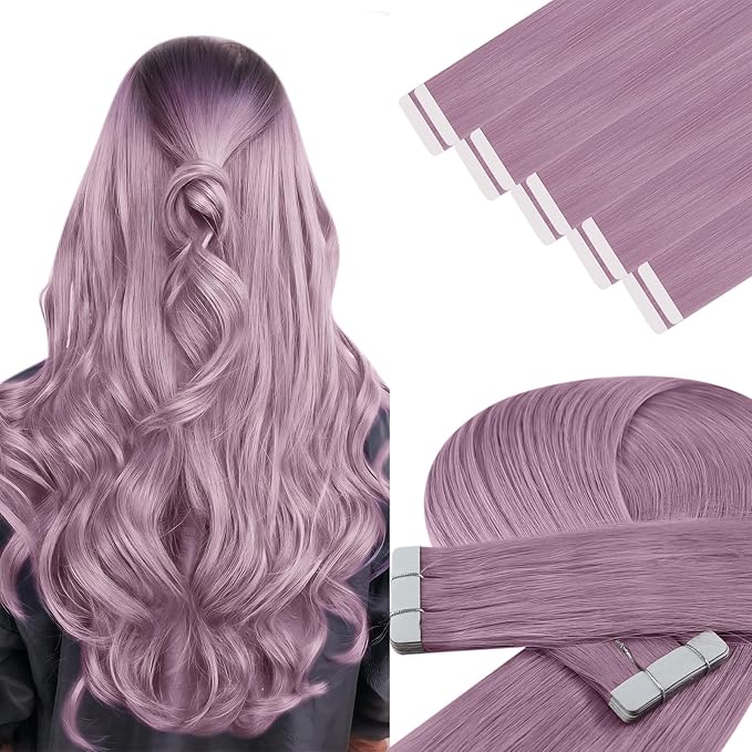 YoungSee Tape in Hair Extensions Human Hair Purple Tape in Extensions Lavender Human Hair Tape in Extensions 14In Light Purple Remy Tapes Extension Colored Highlight 25g 10pcs