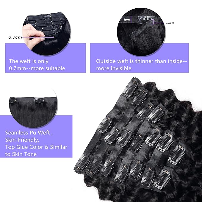 Seamless Clip in Hair Extensions Real Human Hair Deep Wave Brazilian Virgin Human Hair for Women 8Pcs PU Clip in Remy Hair Skin Weft with 18Clips 120g 26inch Natural Black