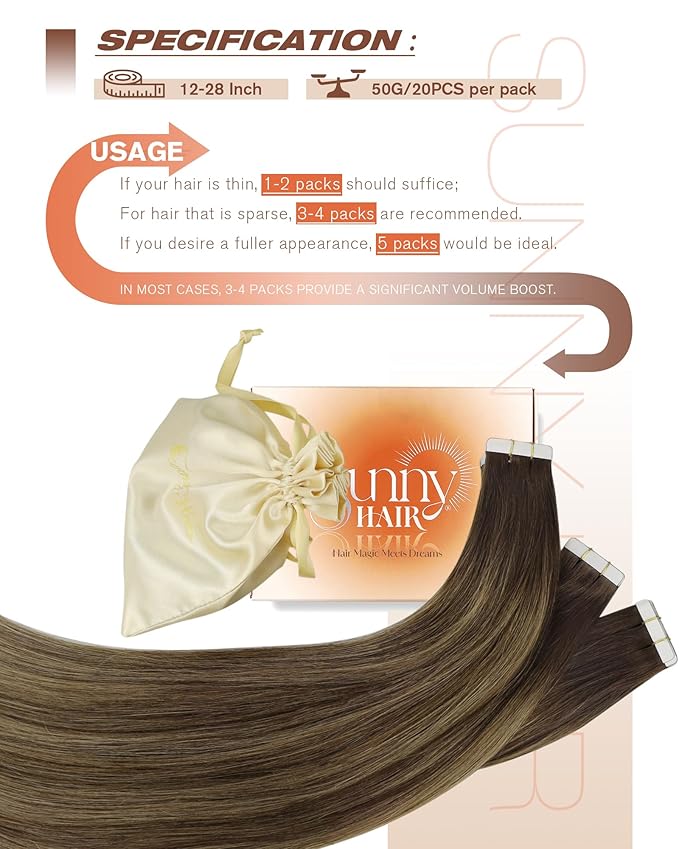 Sunny Hair Tape in Hair Extensions Real Human Hair Invisible Remy Hair Extensions Tape ins for Women Dark Brown Root to Caramel Blonde Balayage 20 inch 20Pcs 50G