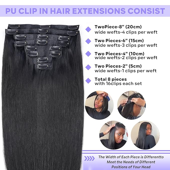 Seamless Clip in Hair Extensions Real Human Hair, Straight Remy Human Hair Clip in Extensions, Natural Soft Human Hair, PU Skin Weft, 8Pcs 120g, 30inch #1B Natural Black