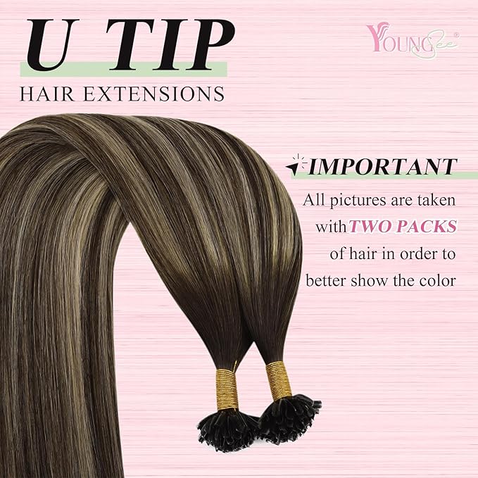YoungSee U Tip Hair Extensions Human Hair Dark Brown Ombre Ash Blonde Utip Hair Extensions Real Human Hair Balayage 20In 1g/s 50g