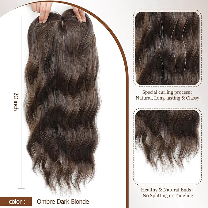 MORICHY Hair Toppers for Women Clip in Hair Topper with Bangs 20inch Medium Brown with Highlights Long Wavy Curly Synthetic HairPieces for Women