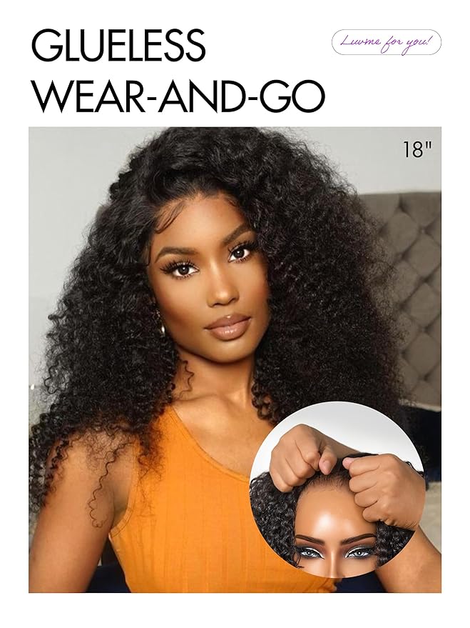 LUVME HAIR 5X5 Kinky Curly 200% Human Hair Wigs Glueless Lace Front 18 Inches Pre Cut Plucked Hd Lace Wig Ready To Go Natural Color Flexi-Fit Drawstring Cap Bleached Knots Black Wigs