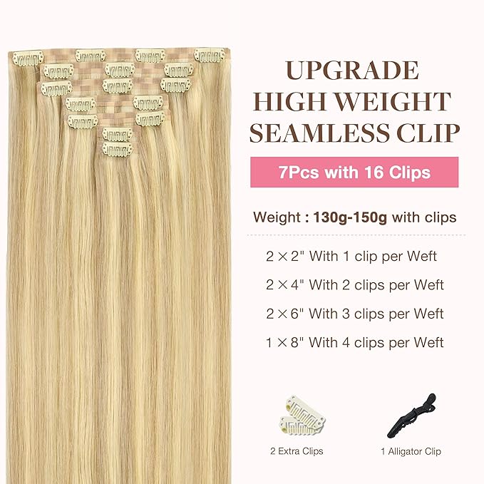 GOO GOO Clip in Hair Extensions Real Human Hair, Remy Human Hair Extensions Clip ins for Women, Natural Human Hair, 20inch 150g 7Pcs, 18D/22F Dirty Blonde Highlights