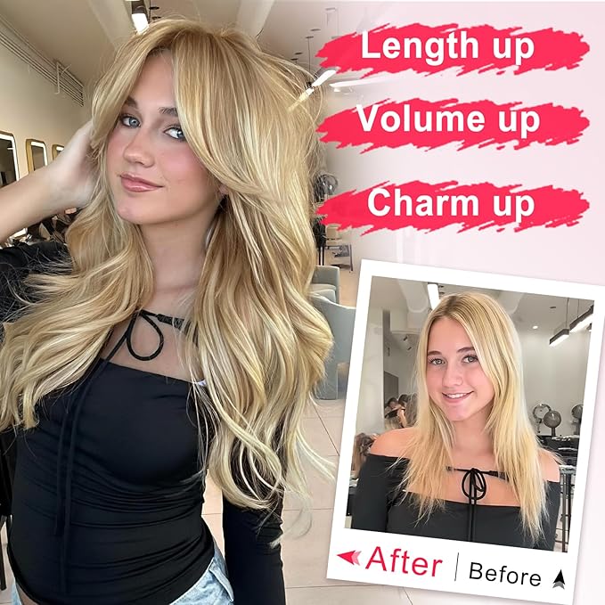 ALXNAN Long Wavy Hair Extensions for Women, Clip in Hair Extensions Clip Ins Soft Layered Synthetic Hairpieces 20 Inch Light Brown mix Golden Blonde