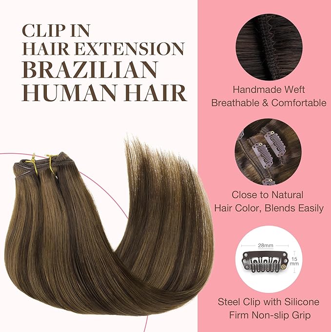 GOO GOO Clip in Hair Extensions Real Human Hair, Remy Human Hair Extensions Clip ins for Women, Natural Human Hair, 18inch 120g 7Pcs, 2C/4E/6C Brown Sugar Swirl Highlights