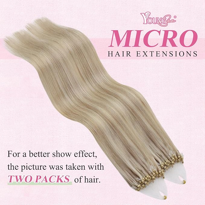 YoungSee Micro Beads Hair Extensions Blonde Micro Loop Hair Extensions Real Human Hair Ash Blonde Mix Blond Highlight Beaded Hair Extension Real Human Hair for Long Hair 24 Inch 50g 50s