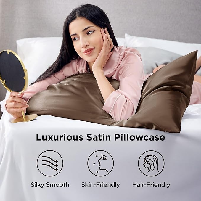 Bedsure Satin Pillowcase 2 Pack Similar to Silk Pillow Cases Standard Size, Pillow Case for Sleeping Women with Envelope Closure, Gifts for Women Men, Brown, 20x26 Inches, 2pcs