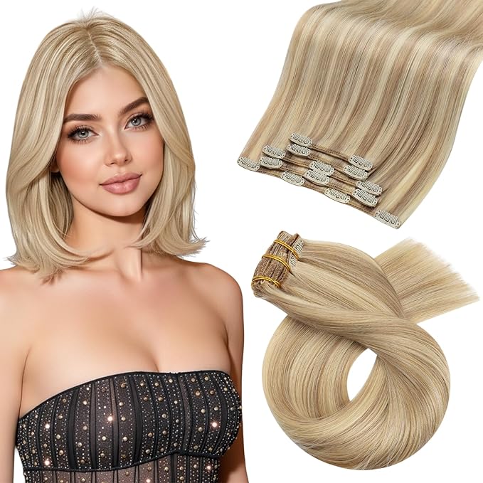 Moresoo Clip in Hair Extensions Human Hair Blonde with Brown Human Hair Extensions Clip ins Golden Brown with Medium Blonde to Add Highlights for Women Short 80g/5pcs Double Weft 14in