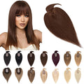SEGO Hair Toppers for Women Real Human Hair With Bangs, 7 * 13CM Silk Base 100% Remy Human Hair Clip in Top Wiglet Hairpieces Add Volume -16 Inch Medium Brown