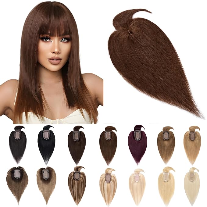 SEGO Hair Toppers for Women Real Human Hair With Bangs, 7 * 13CM Silk Base 100% Remy Human Hair Clip in Top Wiglet Hairpieces Add Volume -12 Inch Medium Brown