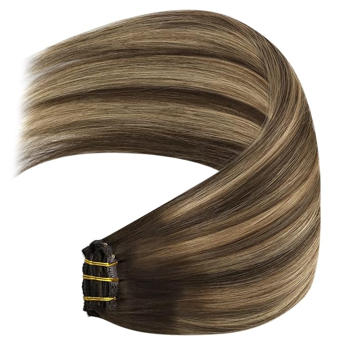 YoungSee Balayage Clip in Hair Extensions Human Hair 12inch Clip on Hair Extensions Dark Brown with Caramel Blonde Balayage Human Hair Clip in Extension for Short Hair Brown Hair Extension 7pcs 80g