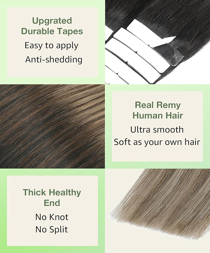 SURNEL Tape in Hair Extensions Human Hair 14 inch Natural Black to Chocolate Brown and Caramel Blonde Tape in Hair Extensions(#1B/4/27-14)