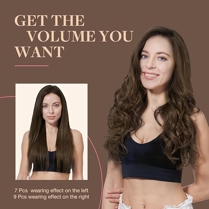 GOO GOO Clip in Hair Extensions Real Human Hair, Remy Human Hair Extensions Clip ins for Women, Natural Human Hair, 24inch 150g 9Pcs, #4A Chocolate Brown