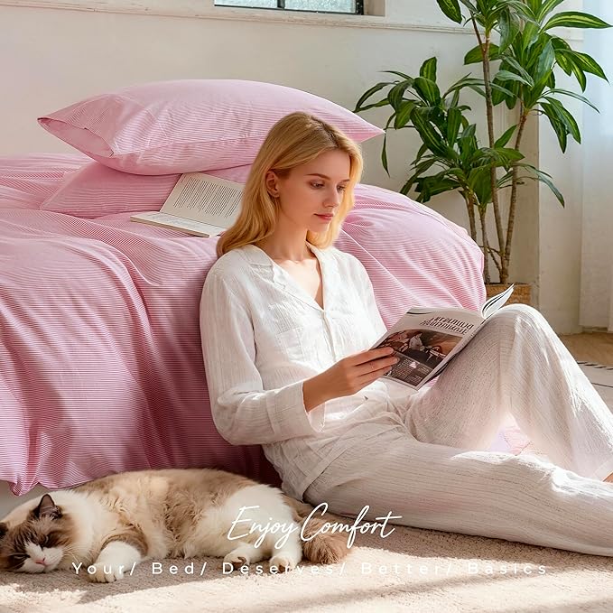JELLYMONI 100% Natural Cotton Striped King Pillowcases Set, 2 Pack White and Thin Pink Striped Pattern Printed Pillow Covers with Envelope Closure(Pillows are not Included)