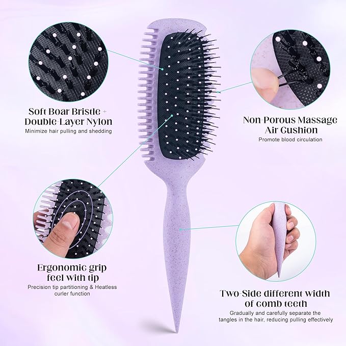 Curly Hair Brush for Detangling, Shaping and Defining Curls, Waves & Coils on All Light Wet or Dry Hair Types for Women and Men, Reduce Tangling, Curl Defining Brush, Lavender Purple