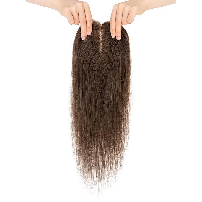 Hairro Human Hair Toppers Free Parted, 3.5x4.7" Base Hand-wovened 100% Real Hairpieces, with Invisible Clips-in for Women, for High Hairline/Adding Volume on Top, 10 Inch Dark Brown