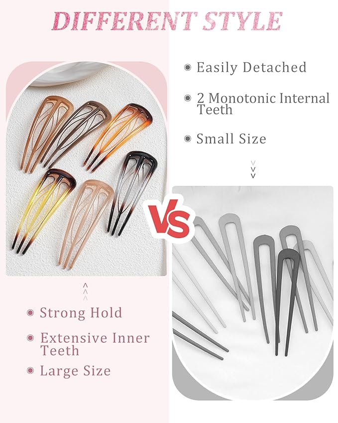 6 PCS French Hair Pins for Women, U-Shaped Hair Forks Stick for Bun Updo Chignons & French Twists, Strong Hold 3 Internal Teeth Hair Chopsticks Styling Accessories