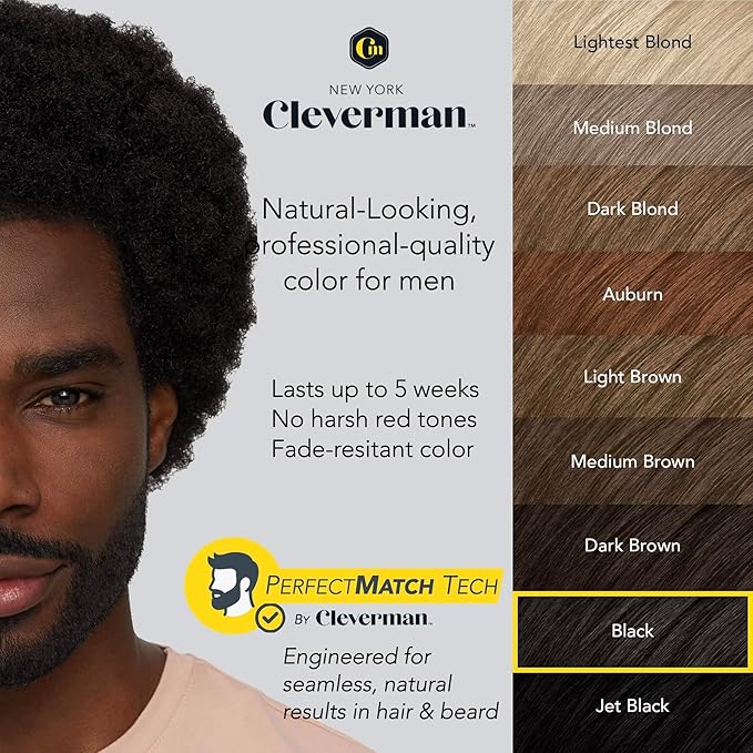 2X Pack Cleverman Hair & Beard Dye Kit for Men, All-in-One Reusable Mens Hair Color, Natural Gray Coverage, Ammonia-Free Beard Mustache Dye for Men (Black for Black Men)