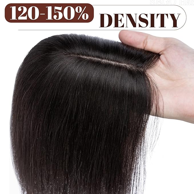 SEGO Real Human Hair Topper for Women, No Bangs Hair Topper with Anti-Slip Clips (14 Inches 1B Natural black)