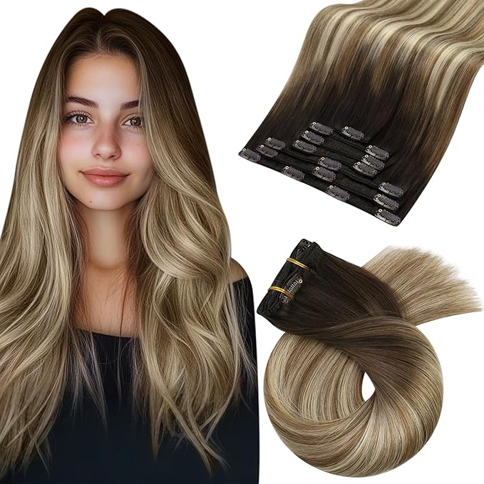 Moresoo Clip in Hair Extensions Balayage Remy Straight Human Hair Extensions Clip in Ombre Dark Brown Mixed Medium Brown with Blonde Full Head 7 Pieces 120G 18 Inch