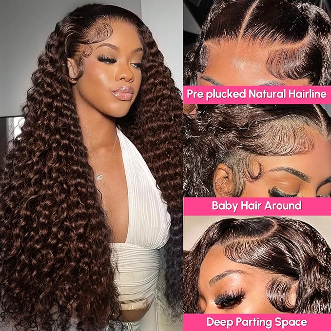 30 Inch Chocolate Brown Deep Wave Lace Front Wigs Human Hair 210 Density 13x6 HD Lace Frontal Wigs Human Hair Pre Plucked Brown Curly Glueless Wigs Human Hair for Women