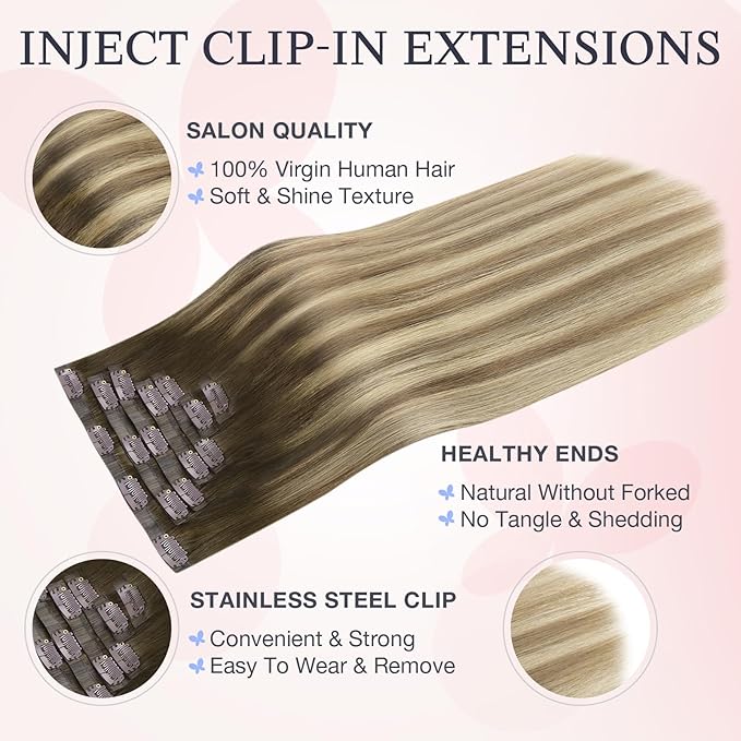 DOORES Invisi Edge Clip in Hair Extensions 16 inch 120g 7pcs, Virgin Real Human Hair PU Clip in Extension Invisible Seamless Thickening Hairstyle, 3/8/613 Walnut Brown to Ash Brown and Bleach Blonde