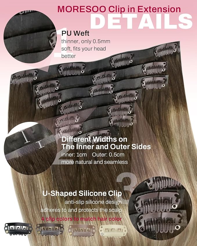 Moresoo Seamless Clip in Hair Extensions Human Hair Balayage Remy Straight PU Weft Human Hair Clip in Extensions Full Head Ombre Brown to Light Brown with Golden Blonde 7pcs/120g 20inch