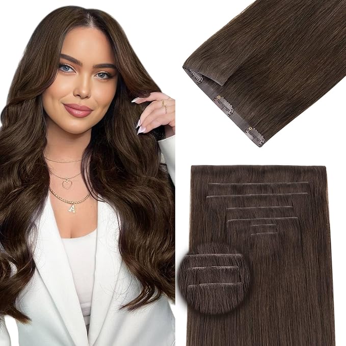 DOORES Clip in Hair Extensions Real Human Hair 18 inch 120g 7pcs Invisible Human Hair Extensions Clip ins, Injected Seamless PU Clipins Virgin Invisi Edge Natural Straight, 4A Chocolate Brown