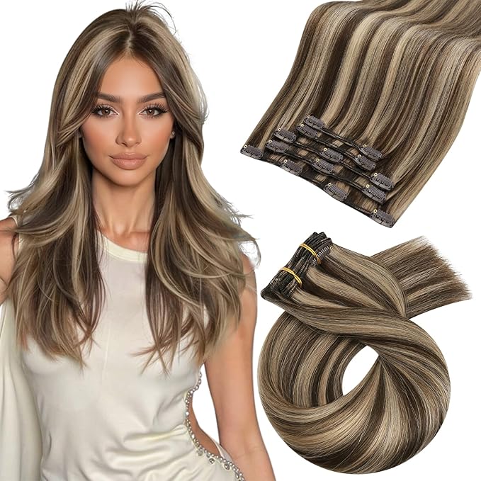 Moresoo Clip in Hair Extensions Brown with Blonde Highlights Human Hair Clip in Extensions Dark Brown with Honey Blonde for Short 80 Gram 5pieces Double Weft 10 inch