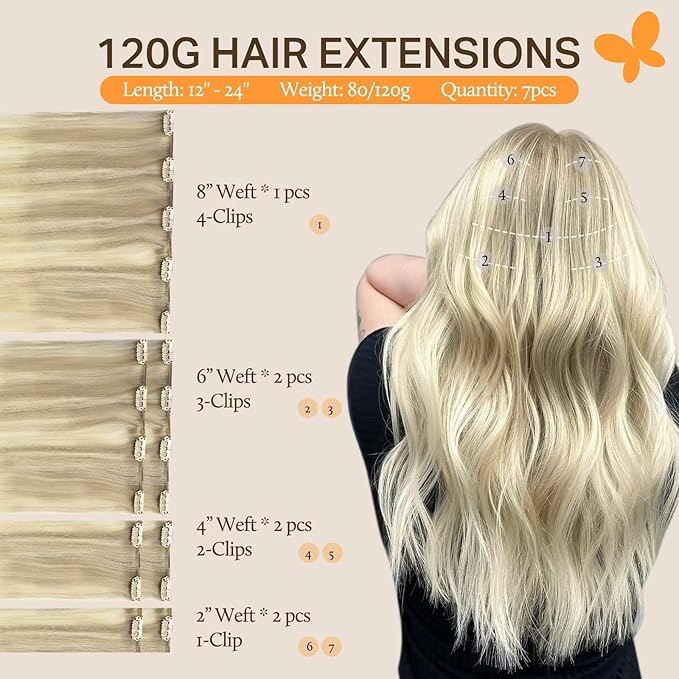 DOORES Human Hair Clip in Extensions, Balayage Ash Blonde to Golden Blonde and Platinum Blonde 24 Inch 120g 7pcs, Clip in Extensions Human Hair Natural Extensions For Women Clip in Straight Thick Hair
