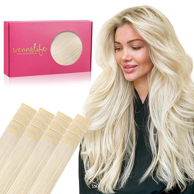 WENNALIFE Tape in Hair Extensions Human Hair, 20pcs 50g 20 inch Platinum Blonde Remy Hair Extensions Straight Human Hair Tape in Extensions Skin Weft Tape Extensions Human Hair