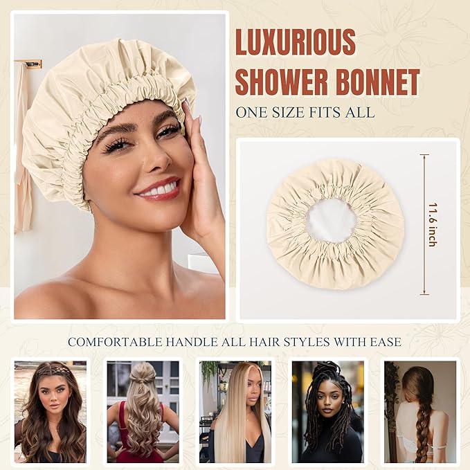 Reusable Shower Cap for Women, Stylish Large Waterproof Shower Bonnet Washable Wide Elastic Band Hair Cap for Long Hair, Braids Bath Hat(Champagne)